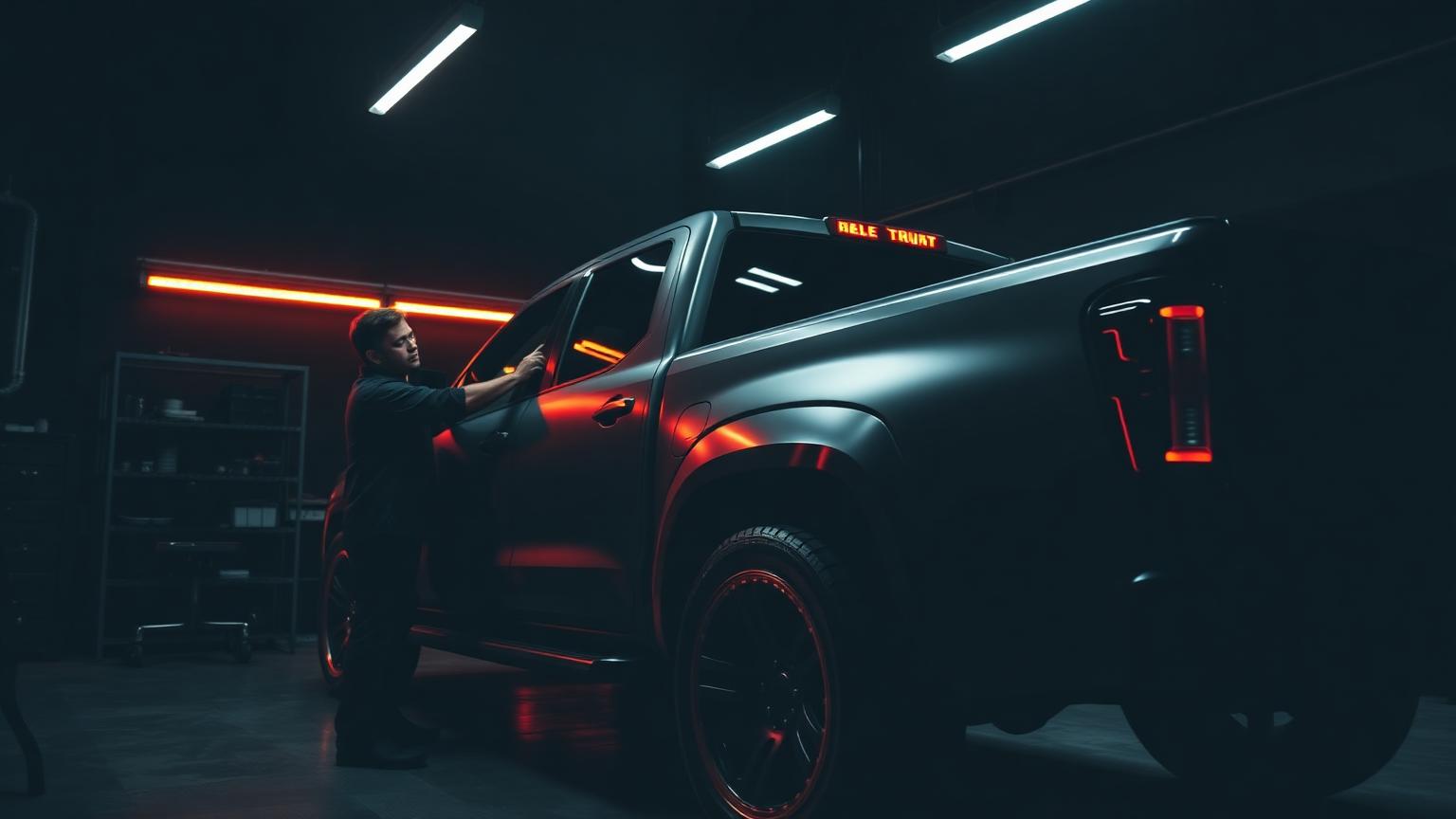 Installer applying vinyl wrap to a truck in a dark shop
