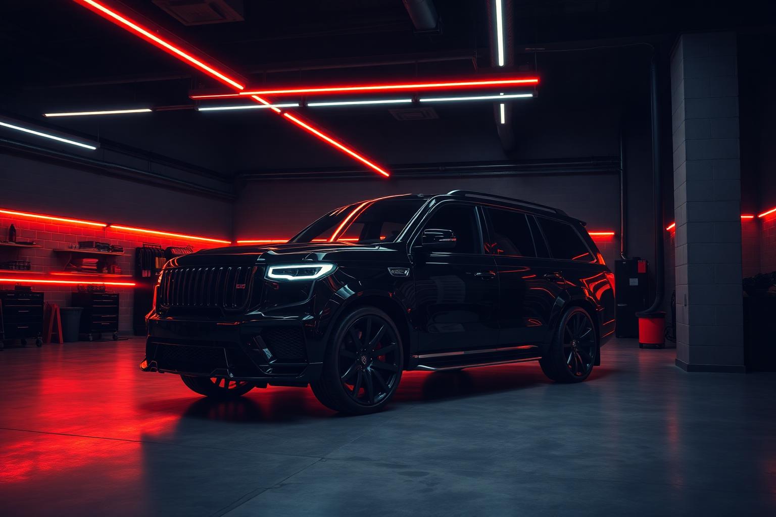 Dark automotive customization shop with a vehicle under orange lighting